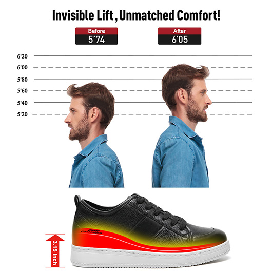 Casual Height Increasing Sneakers – Black Leather Men's Elevator Shoes 8CM  / 3.15 Inches