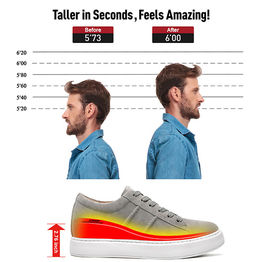 Men's Hidden Height Increasing Shoes - Gray Suede Everyday Casual Shoes 7CM / 2.76 Inches