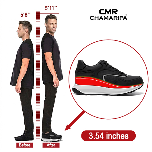 Men's Elevator Sneakers | Black Leather Anti-slip Athletic Sneakers 9 CM / 3.54 Inches