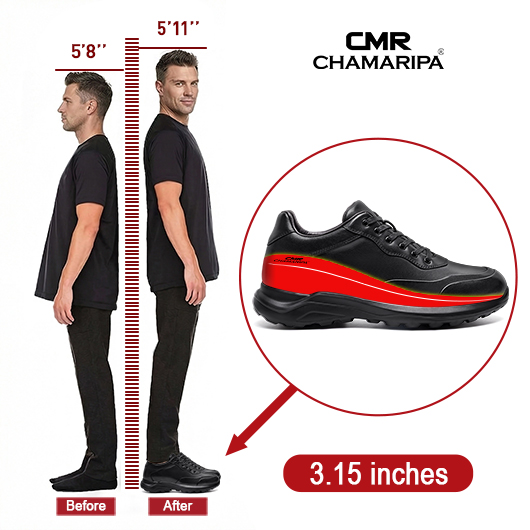 Men's Height Increasing Sneakers - Black Leather Hidden Heel Shoes 8CM / 3.15 Inches