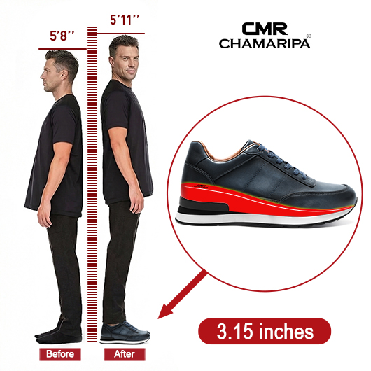 Mens Height Increasing Shoes | Grey Blue Leather Hybrid Dress Sneaker 3.15 Inches