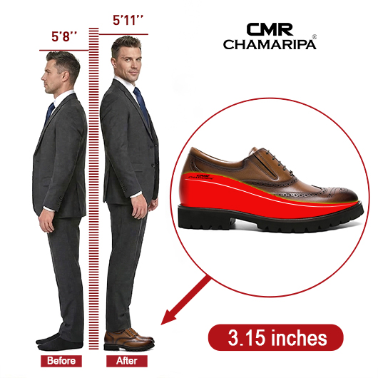 Men's Elevator Dress Shoes - Brown Leather Brogue Oxford Shoes 8CM / 3.15 inches