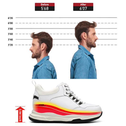 height increase shoes for men - elevator sneakers - white leather tall men shoes 3.94 Inches