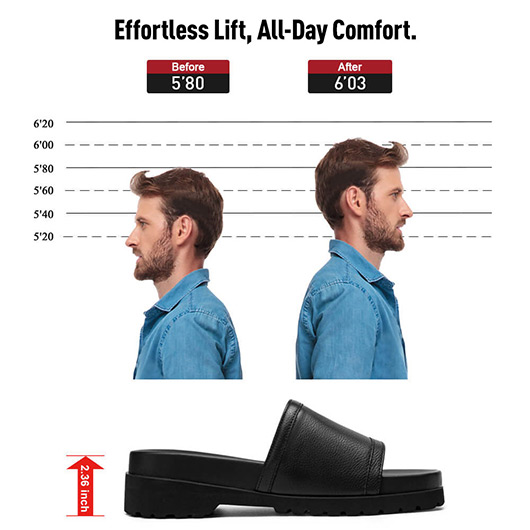 Chamaripa Men Height Increasing Slippers Black Leather High Heel Slide Sandal Fashion Casual elevator slippers Sandals 6CM / 2.36 Inches