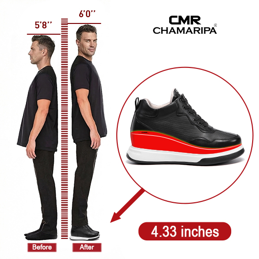 CHAMARIPA casual height increasing elevator shoes black leather casual shoes for men 4.33 Inch