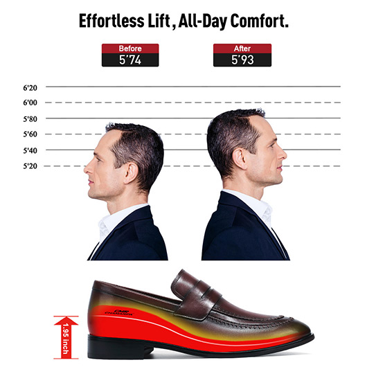 Men's Height Increasing Shoes - Burgundy Leather Elevator Loafers Penny Shoes 5CM / 1.95 Inches