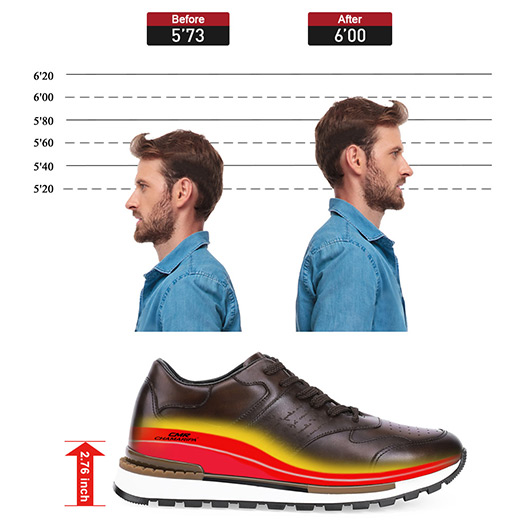 height increasing shoes - elevator shoes sneakers - Brown Calfskin leather Casual Tall Men Shoes 7 CM / 2.76 inches taller