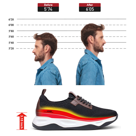 height increasing sneakers - black Knit Fabric elevator sneakers for men - outdoor casual tall men shoes 8CM / 3.15Inches