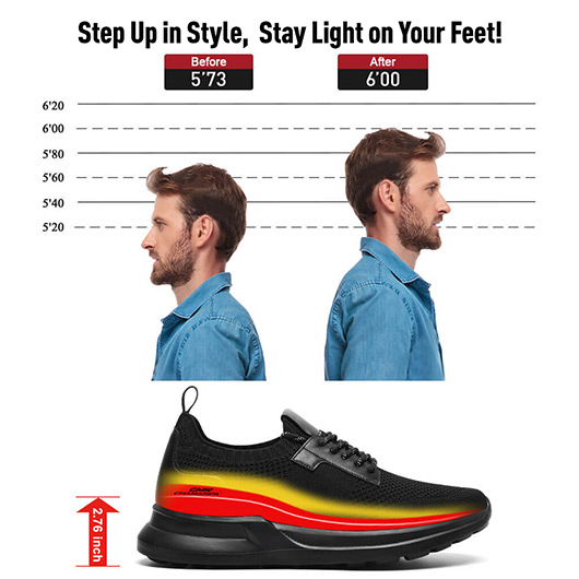 elevator sneakers for men - black Knit Fabric height increasing sports shoes 7CM / 2.76 Inches