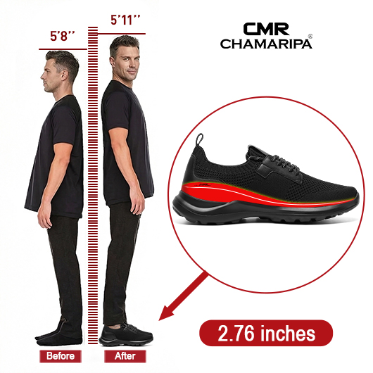 Men's Invisible Height Increase Shoes - Black Knit Casual Height Trainer 7CM / 2.76 Inches