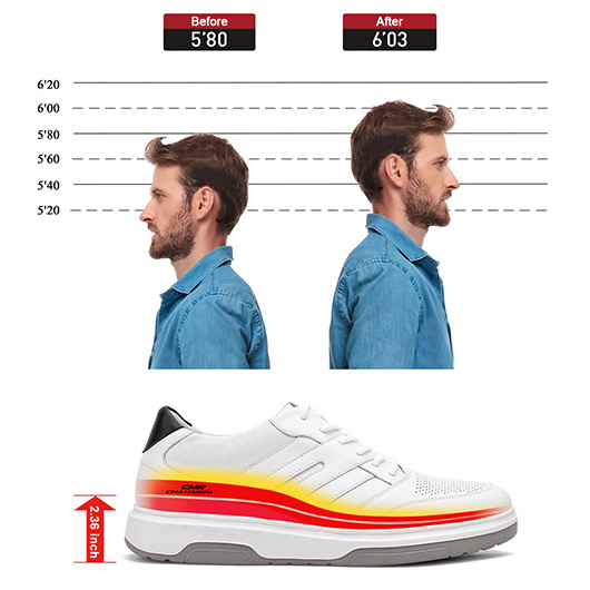 men taller shoes - mens shoes that add height - casual white elevator shoes 2.36 Inches / 6 CM