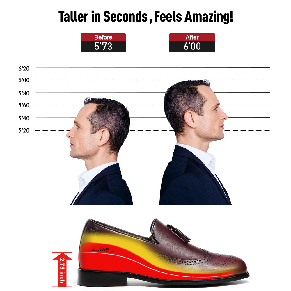 Chamaripa Elevator Shoes For Men Business Taller Shoes Burnished Calfskin  Longwing Brogue Tassel Loafers 7CM / 2.76 Inches