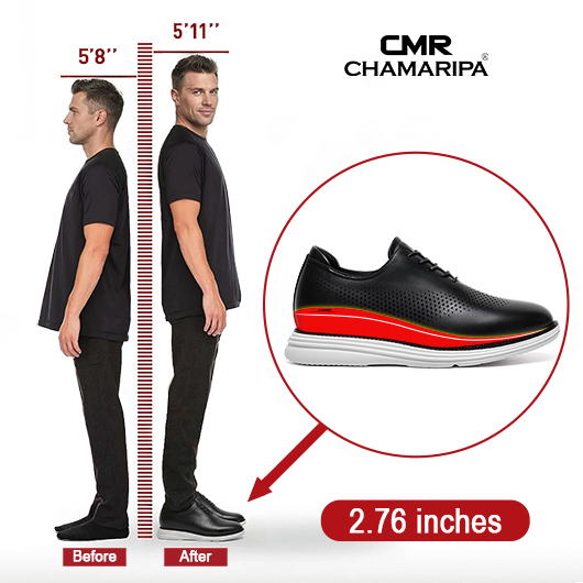 Men's Elevator Height Increasing Shoes | Black Leather Business Casual Oxford 7CM / 2.76 Inches