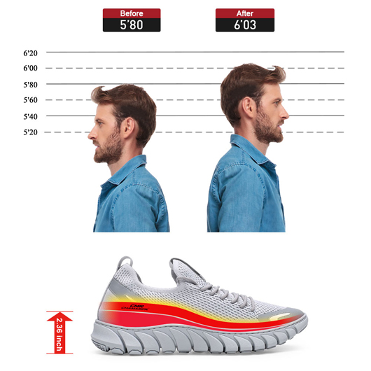 men's elevator shoes sneakers - gray height increasing sneakers - shoes that make you taller 6 CM / 2.36 Inches