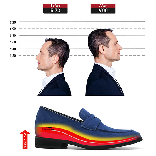 Elevator Loafers - Hidden Heel Shoes For Men - Blue Suede Leather Penny Loafers 7cm