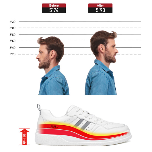 tall men shoes - elevator sports shoes - casual retro men's white sneakers 5CM / 1.95 inches