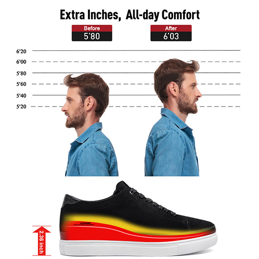 Casual tall men shoes - men's elevator sneakers - black suede leather sneakers for men 2.36 Inches