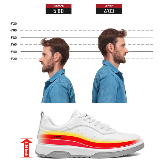 men taller shoes - height increasing sports shoes - casual men's low white sneakers 2.36 inches / 6 CM