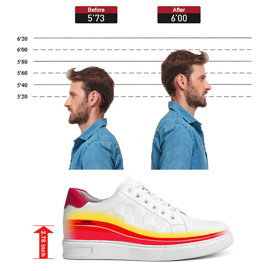 Casual Elevator Shoes For Men - White Cowhide Leather Elevator Trainers 2.76 Inches