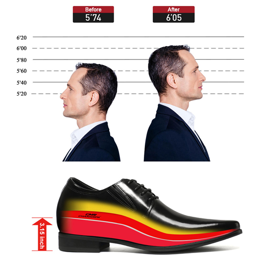 high heel men dress shoes - formal height increasing shoes - black leather derby shoes make you taller 8 CM / 3.15 inches