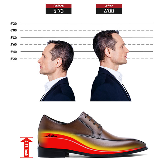Height Enhancing Shoes - Hidden Height Increasing Shoes - Brown Derby Shoes For Men 7cm / 2.76 Inches