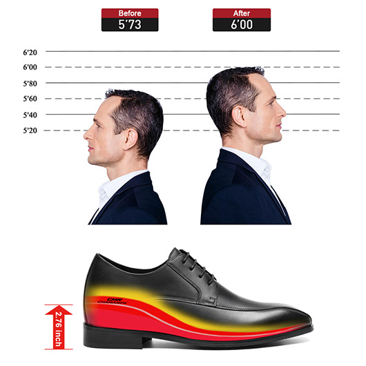 Men's Shoes With Higher Heels - Black Calfskin Derby Shoes - Height Increasing Dress Shoes 2.76 Inches / 7 CM