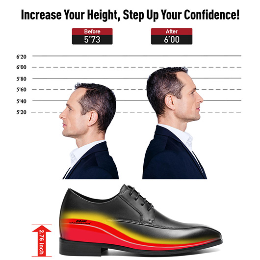 Men's Shoes With Higher Heels - Black Calfskin Derby Shoes - Height Increasing Dress Shoes 2.76 Inches