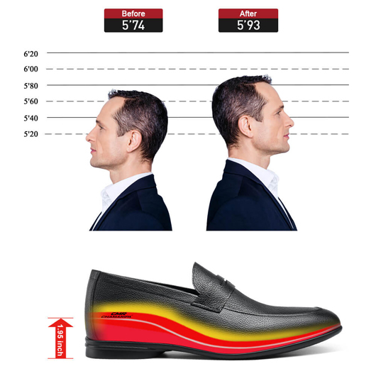 Height Increasing Shoes for Men - Hidden Heel Loafer Shoes - Black Leather Men Taller Shoes 5 CM / 1.95 Inches