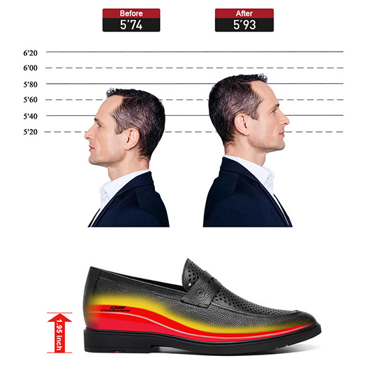 Slip-On Elevator Formal Shoes - Black Cowhide Leather Height Increasing Shoes For Men 1.95 Inches / 5 CM