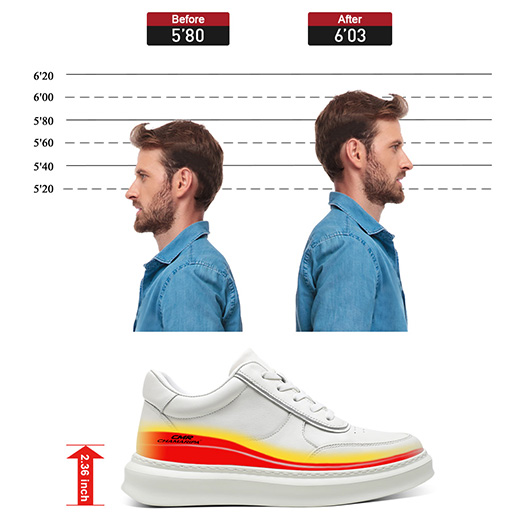 Taller Sneakers - Mens Elevator Shoes - White Leather Casual Sneakers 6cm / 2.36 Inches