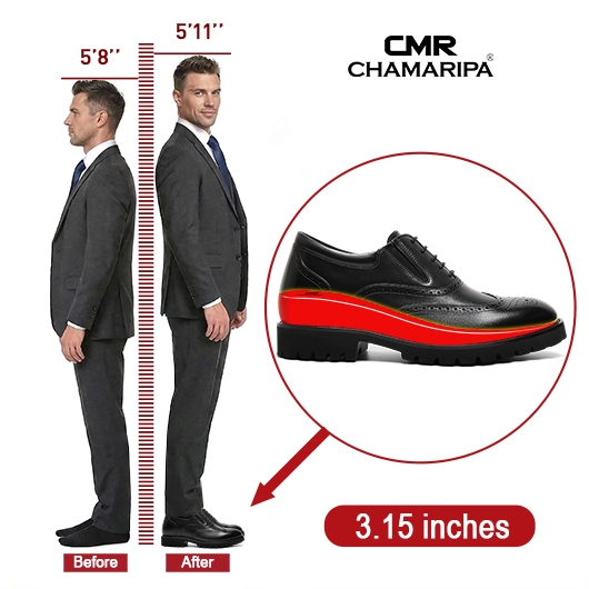 Men's Height Increasing Dress Shoes - Black Leather Brogue Oxford Shoes 8CM / 3.15 inches