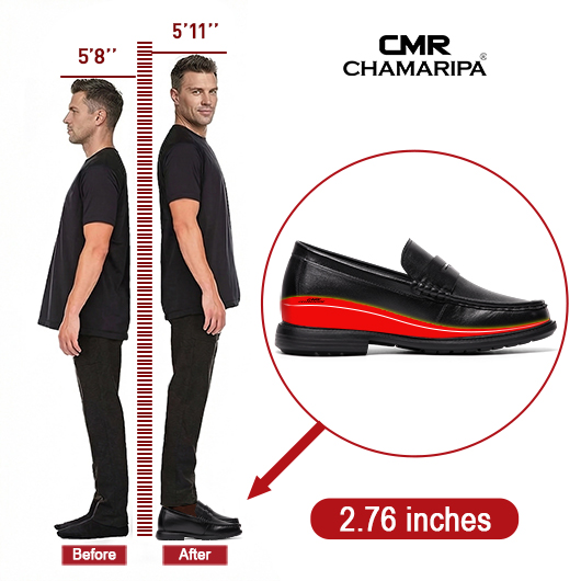 Men's Height Increasing Loafers - Black Soft Leather Business Casual Shoes 7CM / 2.76 Inches