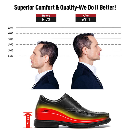 Men's Invisible Height Increase Shoes - Black Soft Leather Dress Shoes 7CM / 2.76 Inches