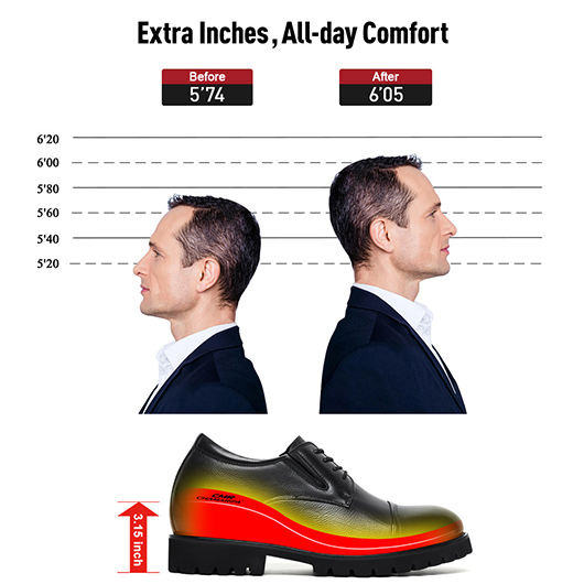 Men's Height Increasing Formal Shoes | Black Leather Business Derby Shoes 8CM / 3.15 Inches