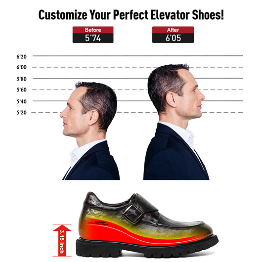 Men's Height Increasing Shoes - Coffee Leather Business Casual Monk Shoes 8CM / 3.15 Inches