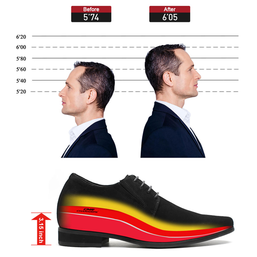 Chamaripa Height Increase Suede Shoes Black Hidden High Heel Men Dress Shoes 8 CM / 3.15 Inches