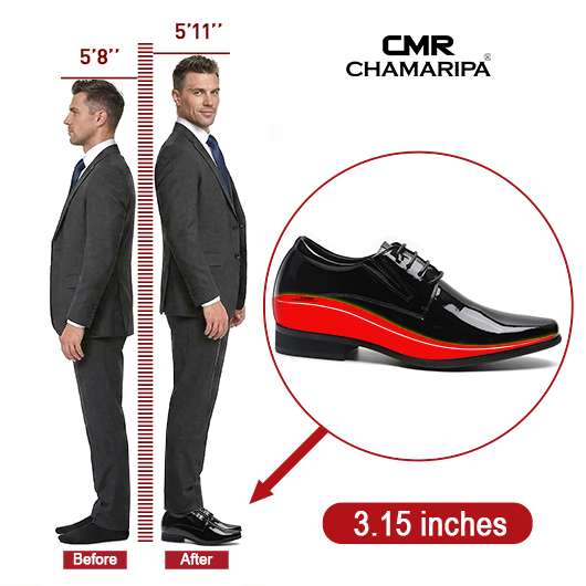 Chamaripa High Heel Shoes for Men Elevator Shoes Black Tuxedo Patent Leather Men's Dress Shoes 8CM / 3.15 Inches