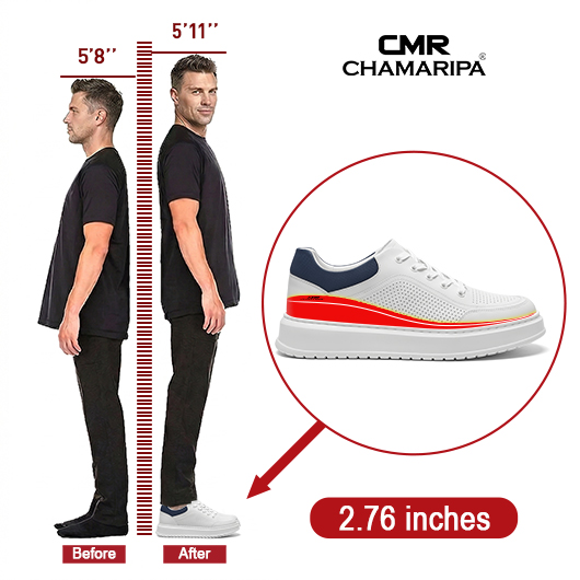 Shoes Height Increase Men | White Leather Breathable Sneakers 2.76 Inches