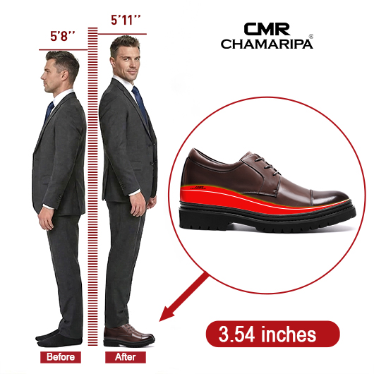 Men’s Elevator Dress Shoes | Brown Leather Cap-Toe Derby Shoes 9CM / 3.54 Inches
