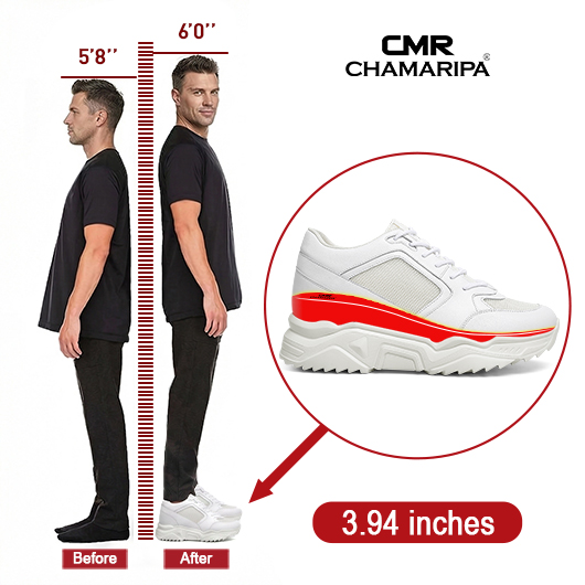 Height Increasing Sneakers for Men - White Leather Shoes That Make You Taller 10CM / 3.94 Inches