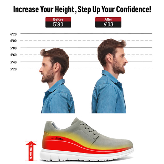 Men's Shoes With Higher Heels - Gray Nubuck Leather Daily Casual Shoes 6CM / 2.36 Inches