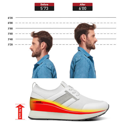 Men's Elevator Sneakers - White Cowhide Leather Casual Height Increasing Sports Shoes 2.76 Inches / 7CM