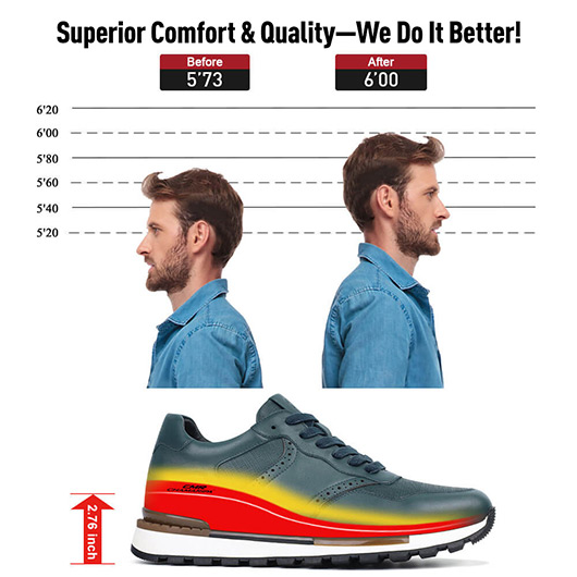 Men's Elevator Sneakers - Blue Leather Men's Shoes With Higher Heels 7 CM