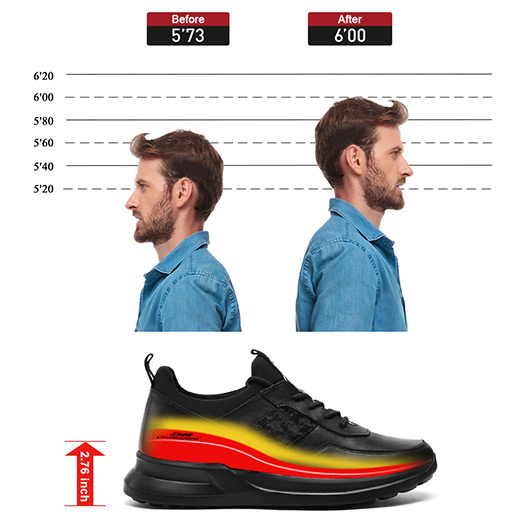 Men's Shoes With Higher Heels - Black Cowhide Leather Height Increasing Trainers 2.76 Inches