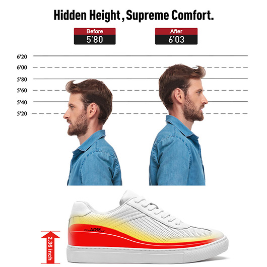 Height Boosting Shoes for Men - White Breathable Leather Casual Sneaker 6CM / 3.26 Inches