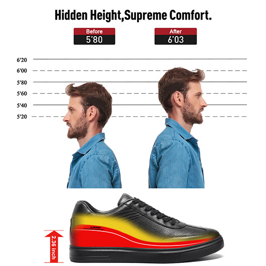 Men's Hidden High Heel Shoes - Black Leather Casual Elevator Shoes 6CM / 2.36 Inches