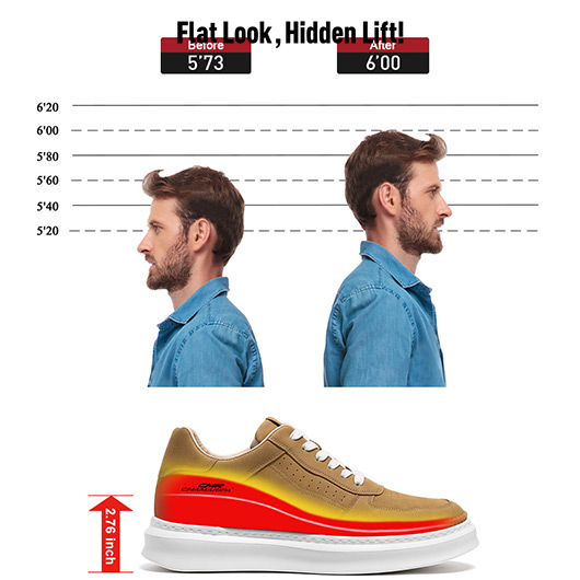 Men's Shoes With Higher Heels - Yellow Oil-Waxed Leather Casual Sneakers 7CM / 2.76 Inches