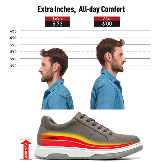 height increasing sneakers - gray nubuck leather men's height increasing casual shoes 7CM