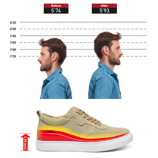 Men's Casual Height Increasing Shoes - Light Yellow Breathable Leather Shoes That Make You 5 CM Taller