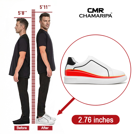 Men's height enhancing shoes | White Slip on Triple Stitch Leather Sneakers 2.76 Inches